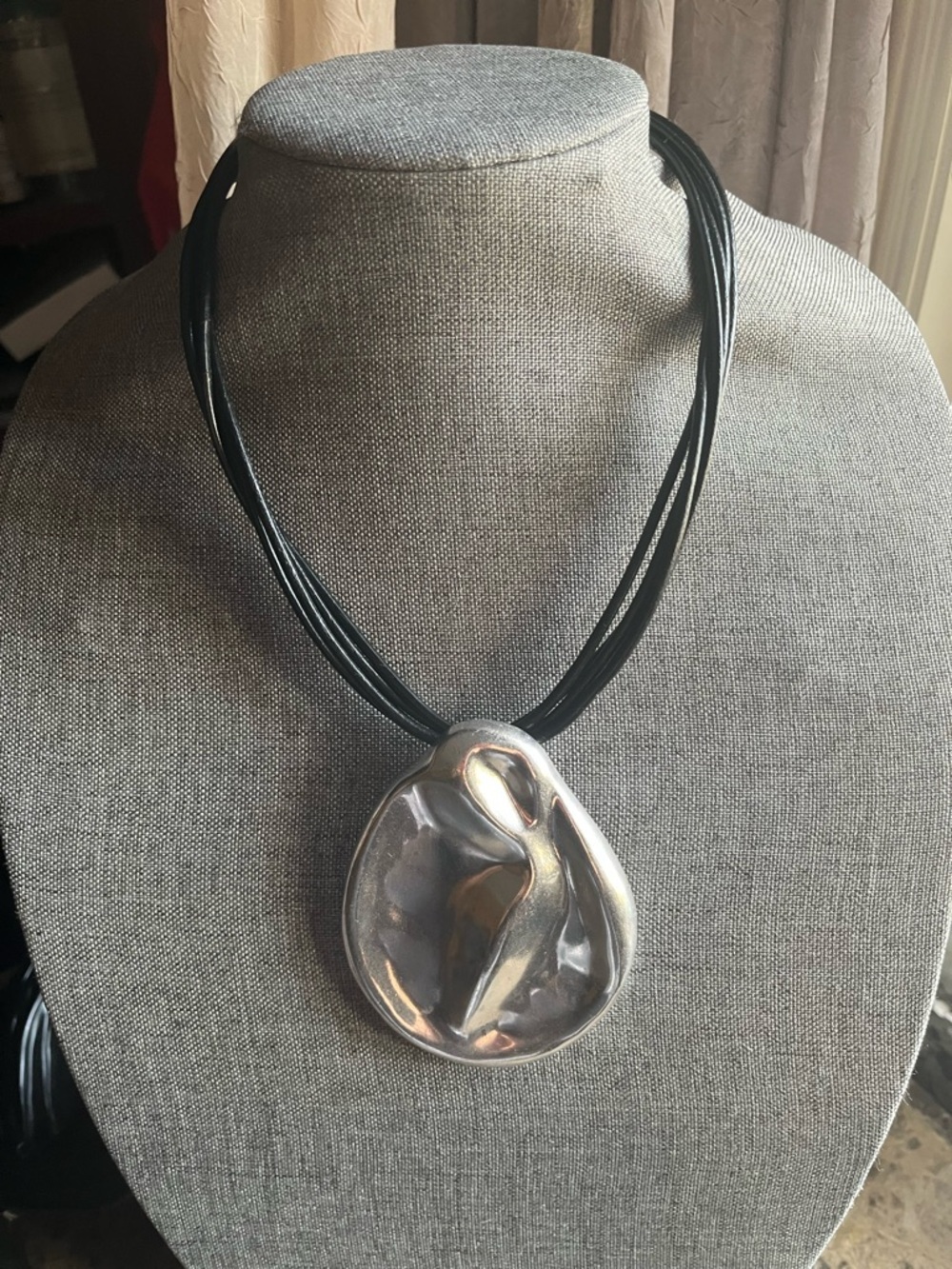 Modern Silver Pendant Necklace on Black Multi-Strand Cord